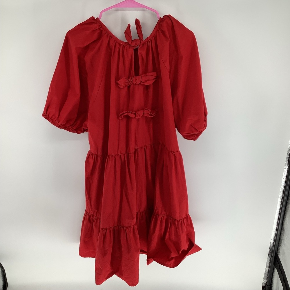 Red Ruffle Mini Dress Puff Sleeve Keyhole Bow Babydoll sweet magnolia Sz xxl